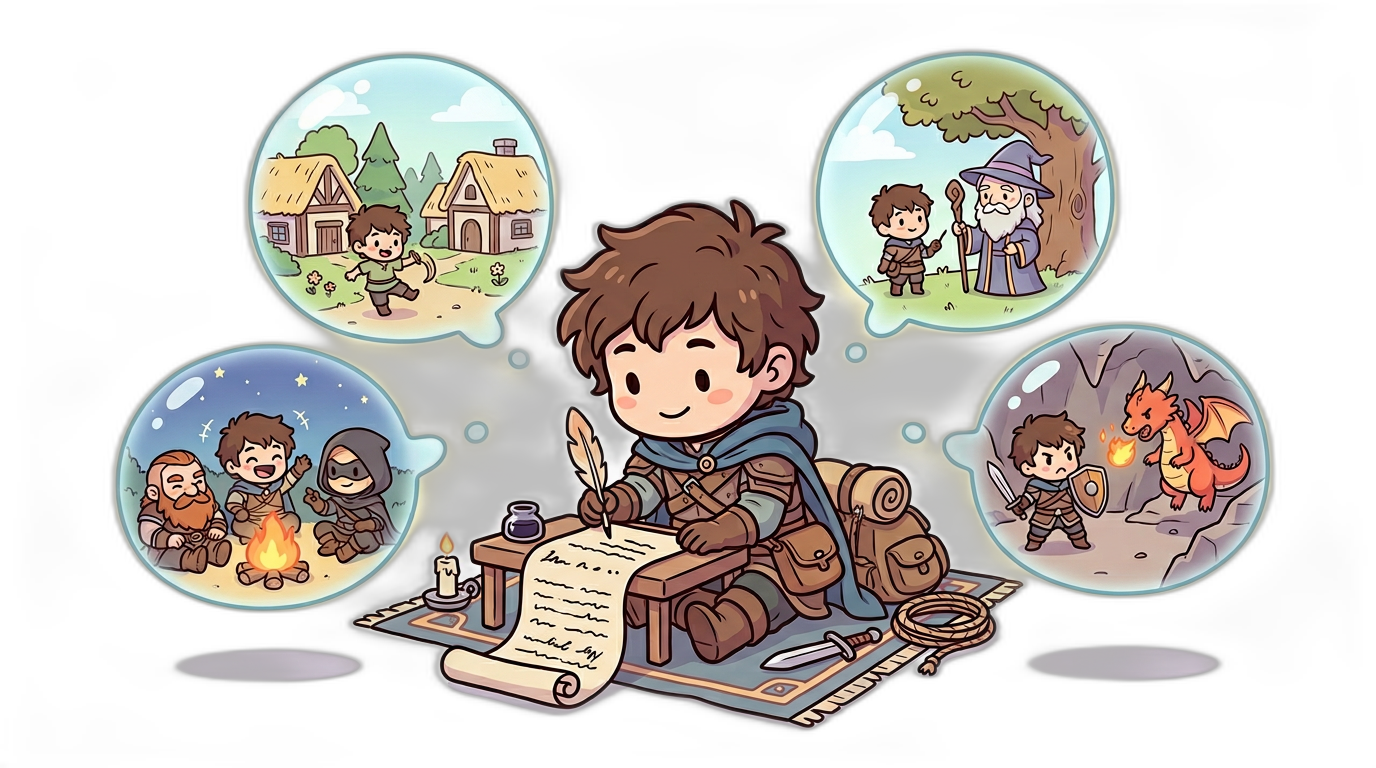 Chibi adventurer writing a backstory with memory bubbles