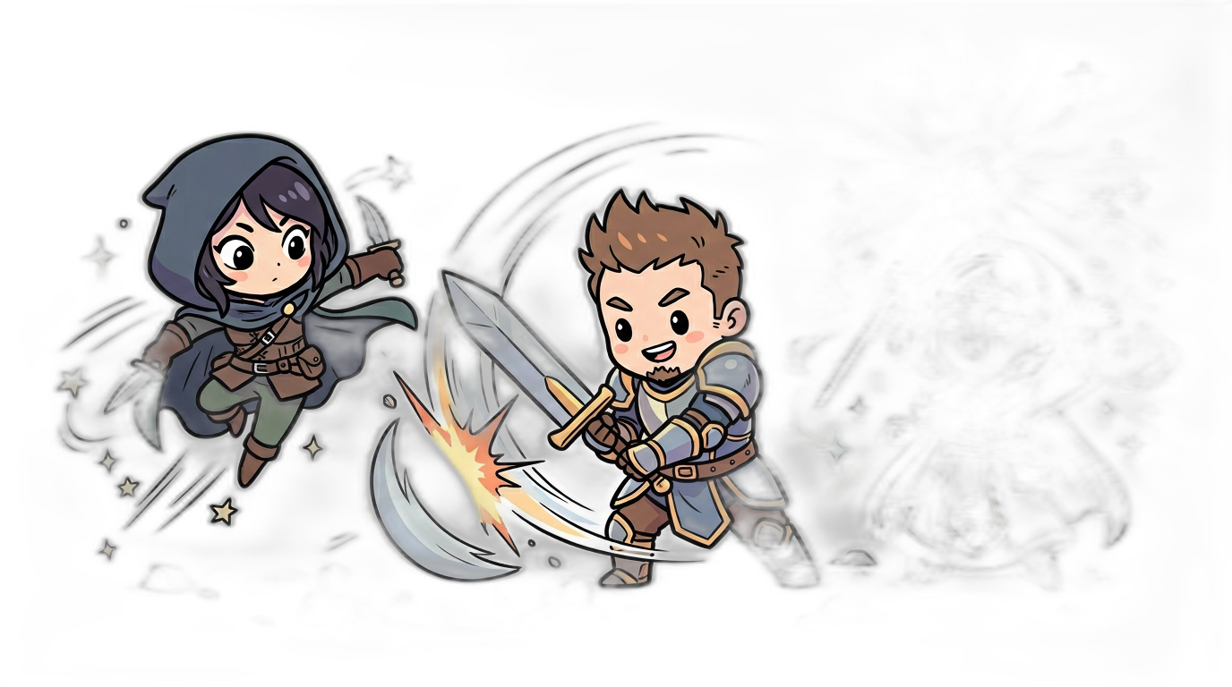 Chibi adventurers in a combat scene — rogue, fighter, and cleric
