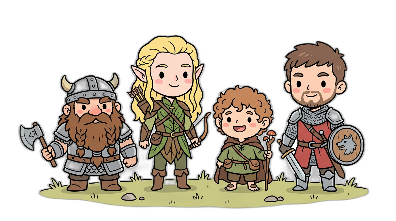 Chibi D&D races: dwarf, elf, halfling, and human