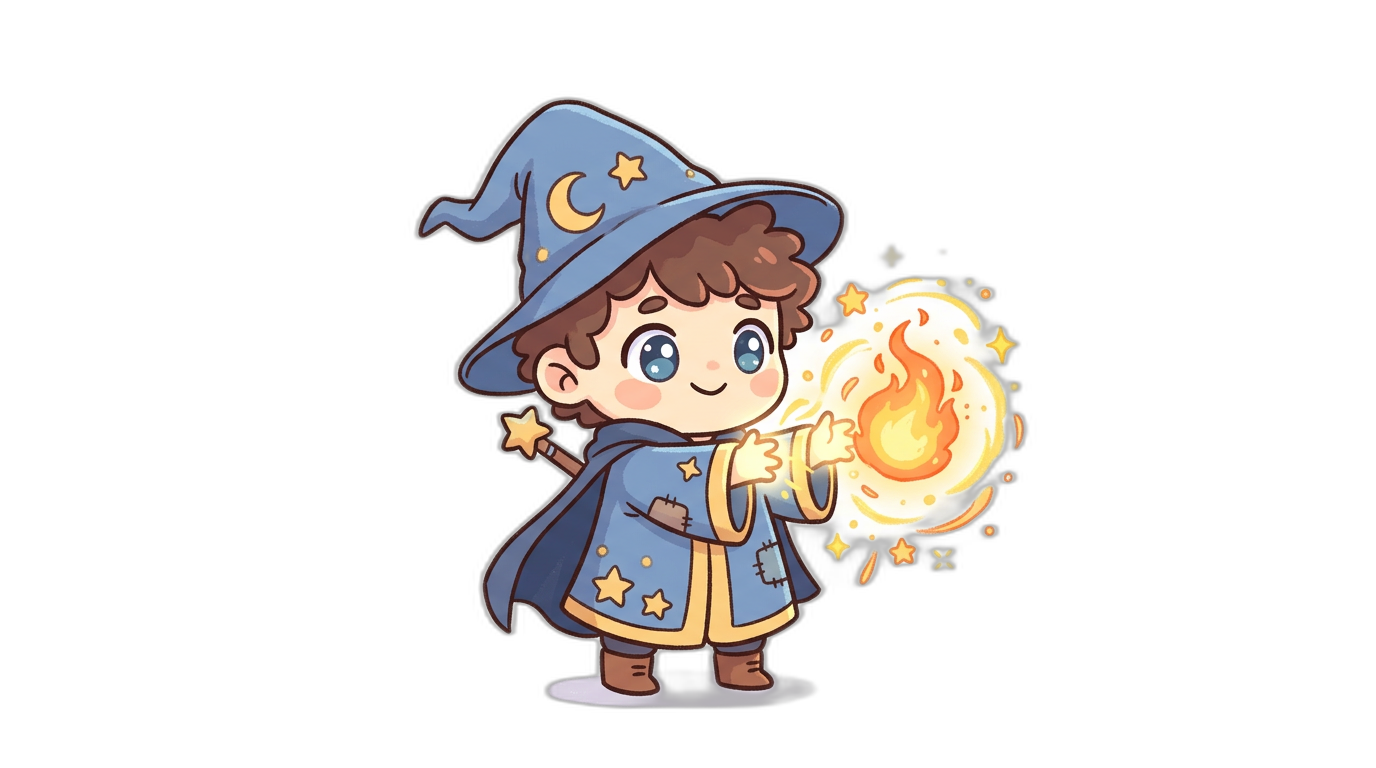 Chibi wizard casting a fire spell