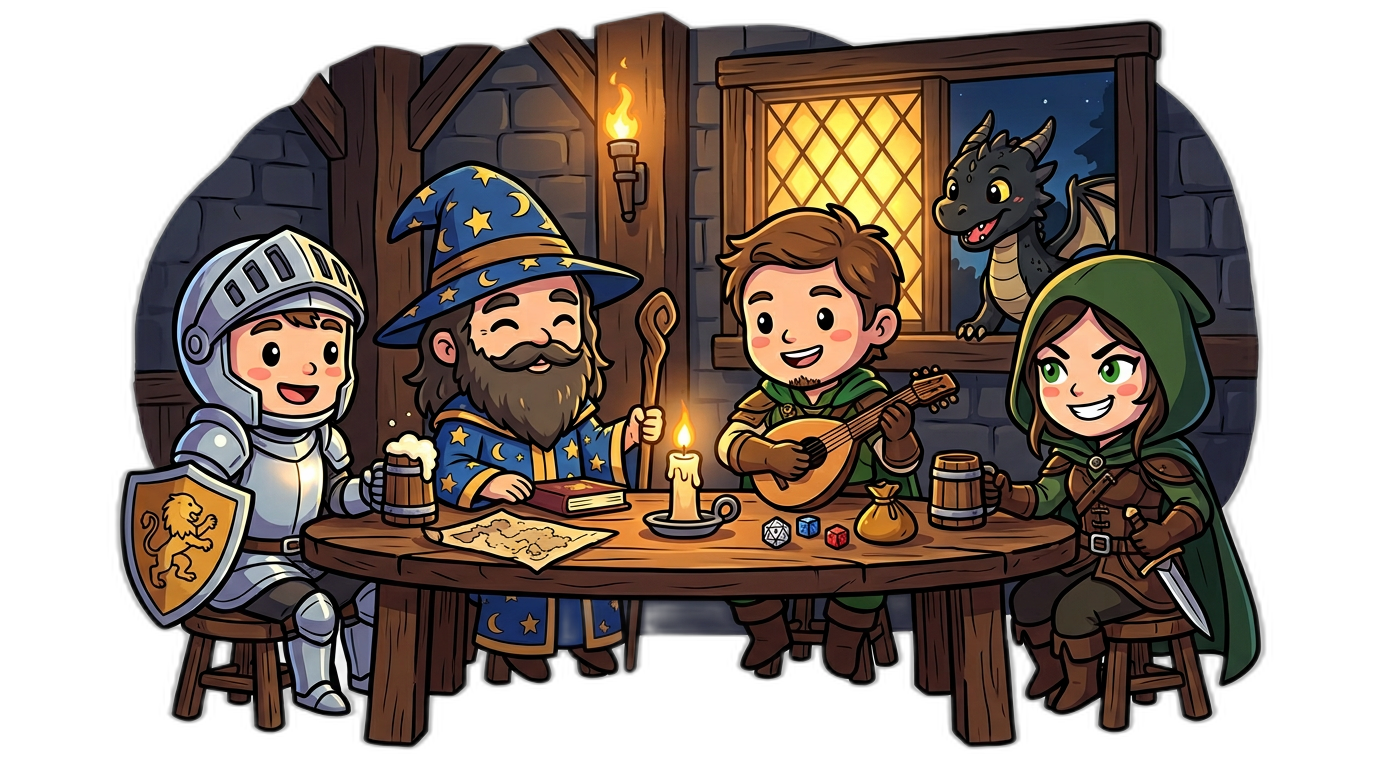 A fantasy table setup with map, dice, and notes ready for a D&D session.