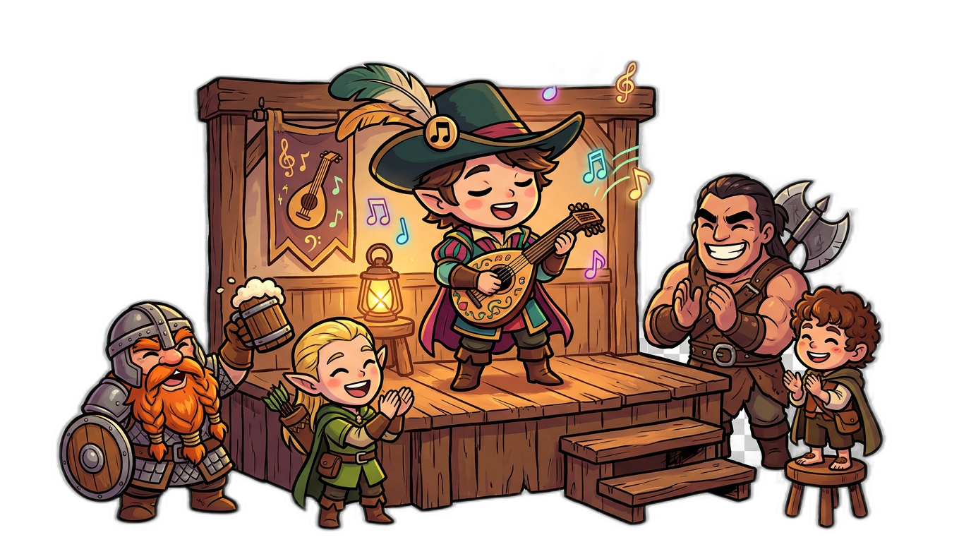 A character sheet and bard-themed iconography for D&D players.